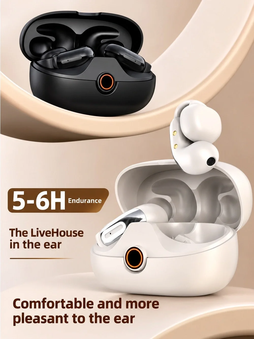 Open-ear Wireless Earbuds in Beige with Charging Case